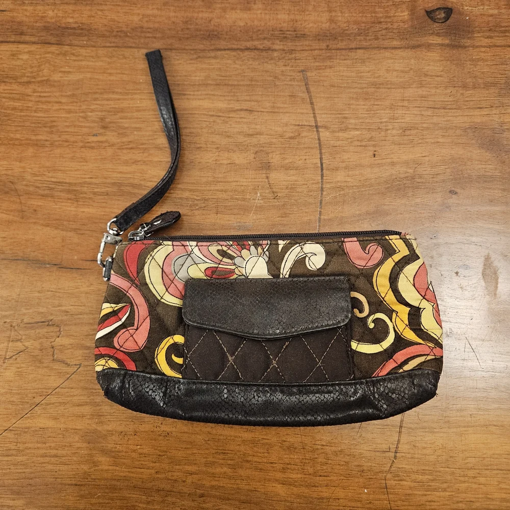 Vera‎ Bradley Wristlet Wallet Puccini Brown Floral Swirl Small Make Up Pouch Bag